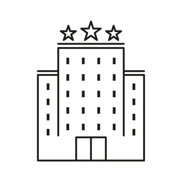 Vector illustration of Three star hotel line icon. Building, rate, rating, live, stay, room, suit, rest, vacation, weekend, travel, business trip. Accommodation concept. Vector line icon for Business and Advertising