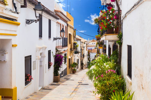 Street in Marbella, province of Malaga, Spain A picturesque narrow street with blue flower pots on the walls of houses in old town málaga province stock pictures, royalty-free photos & images