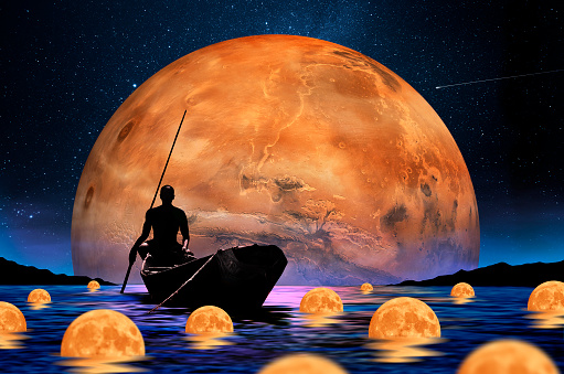 African boatman with a planet in the background