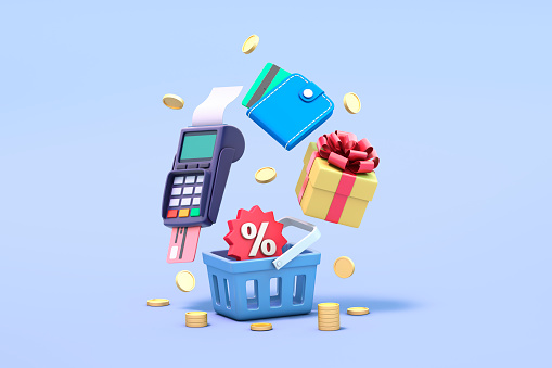 Illustration of POS terminal, wallet,  gift, shopping cart, coins. 3d render