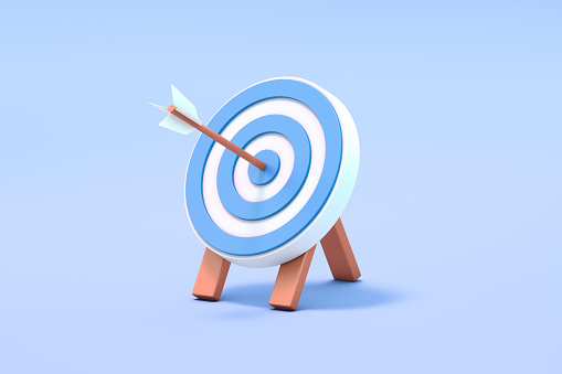 3D Target and goals concept: Arrow hits bulleye illustration on white background. Dart board with cylindrical lines. Planning investment, business success, financial strategy, purpose achievement. Horizontal composition, copy space and clipping path for easy edit.