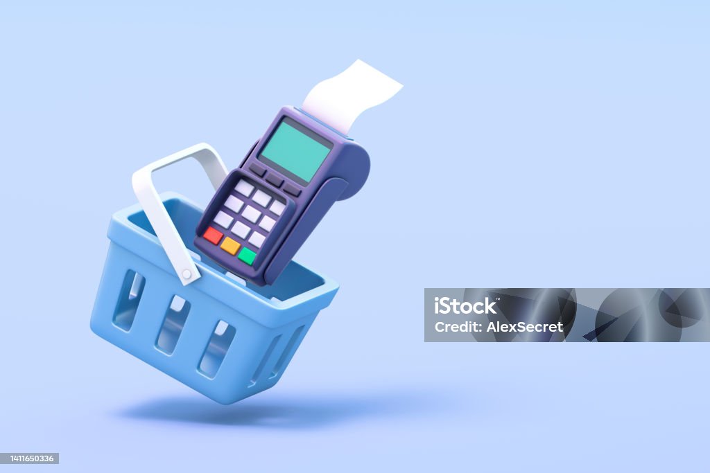Payment terminal in shopping basket 3D illustration Three Dimensional Stock Photo