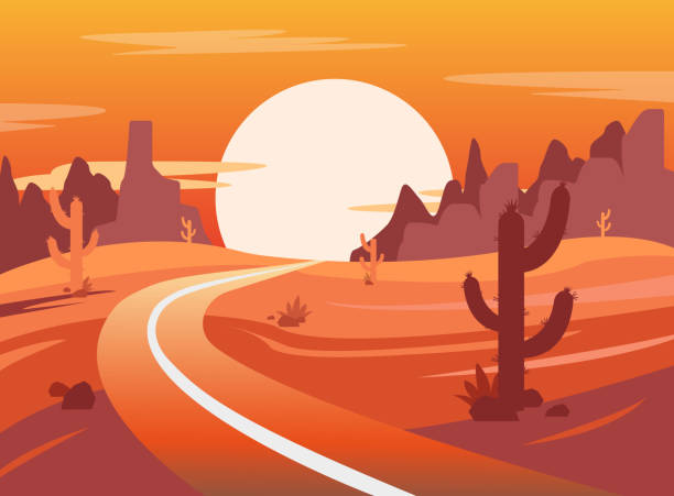 Landscape of the desert and the road in a flat style. Landscape of the desert and the road in a flat style. Vector illustration. texas road stock illustrations