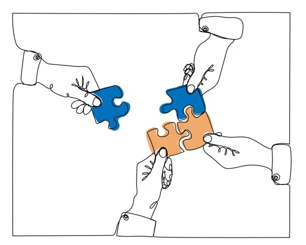 Vector illustration of Hands are holding puzzles in blue and yellow colors of Ukrainian flag on a white background