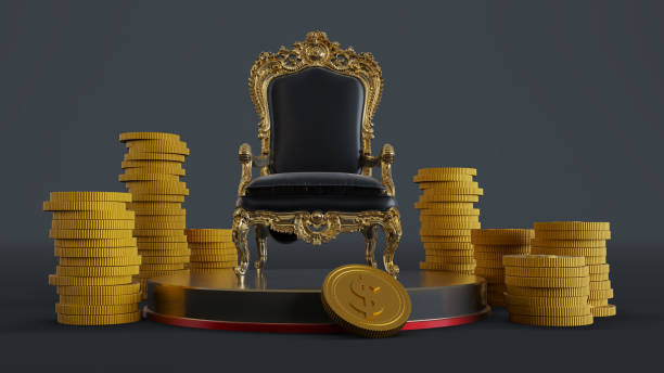 trône de roi noir avec des pièces de monnaie isolées sur fond sombre, trône de roi sur piédestal, - fauteuil baroque photos et images de collection