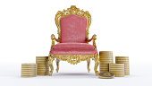 red king throne withe bitcoin coins isolated on white background