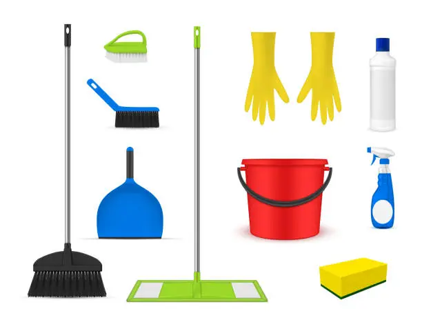 Vector illustration of Home cleaning equipment set realistic vector illustration. Domestic hygiene tools