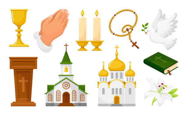 ilustrações, clipart, desenhos animados e ícones de símbolos religiosos do cristianismo definem ilustração de vetor isométrico. religião de elementos espirituais - church symbol rosary beads christianity