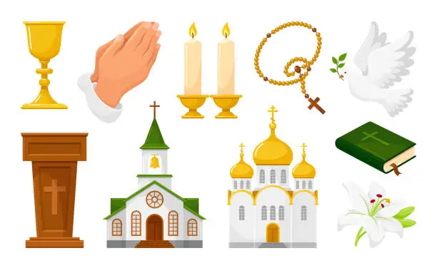 Vector illustration of Christianity religious symbols set isometric vector illustration. Spiritual elements religion