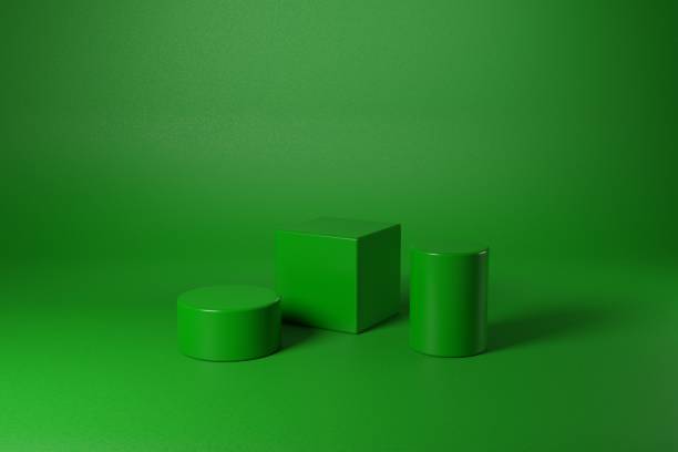 istock Geometric shapes in green color. 3d rendering scene with simple geometric elements. Abstract monochrome product podium background 1411658411