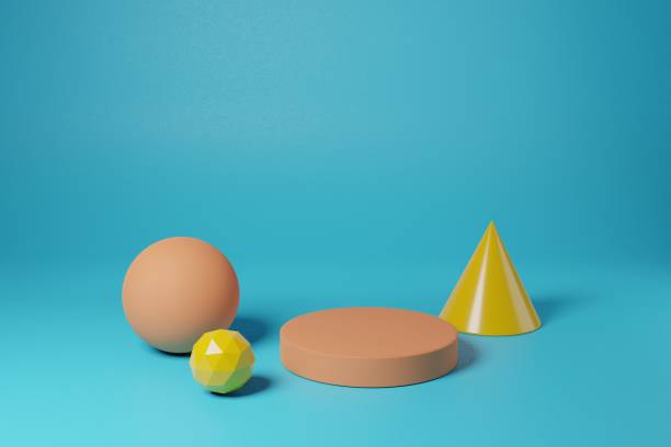 istock Multicolor geometric shapes on a blue background. 3d rendering scene with simple geometric elements. Abstract monochrome background 1411658500