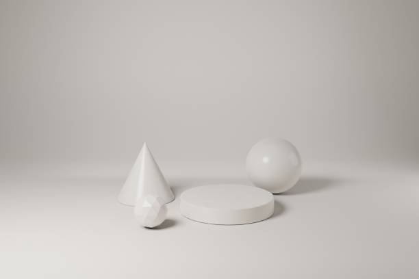 istock Geometric shapes in white color. 3d rendering scene with simple geometric elements. Abstract monochrome background 1411658627