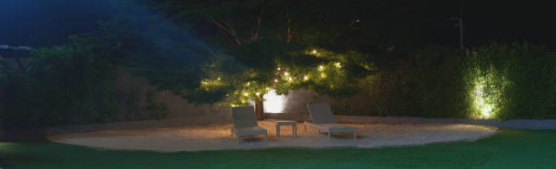 istock beach chair on sand and lawn under trees at night 1411661692
