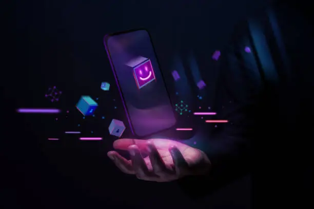 Metaverse and Blockchain Technology Concepts. Person with an Experiences of Metaverse Virtual World via Smart Phone. Futuristic Tone. Hand Levitating Mobile Phone