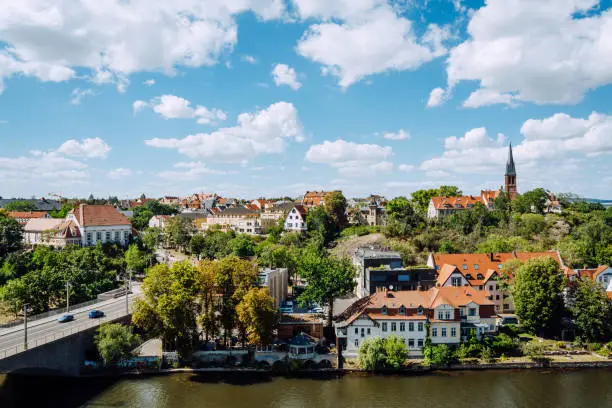 View over river Saale and parts of Halle, Saxony. Germany