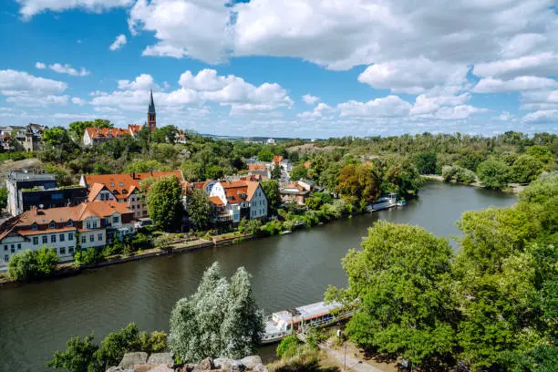 View over river Saale and parts of Halle, Saxony. Germany