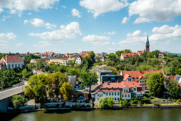 View over river Saale and parts of Halle, Saxony. Germany stock photo