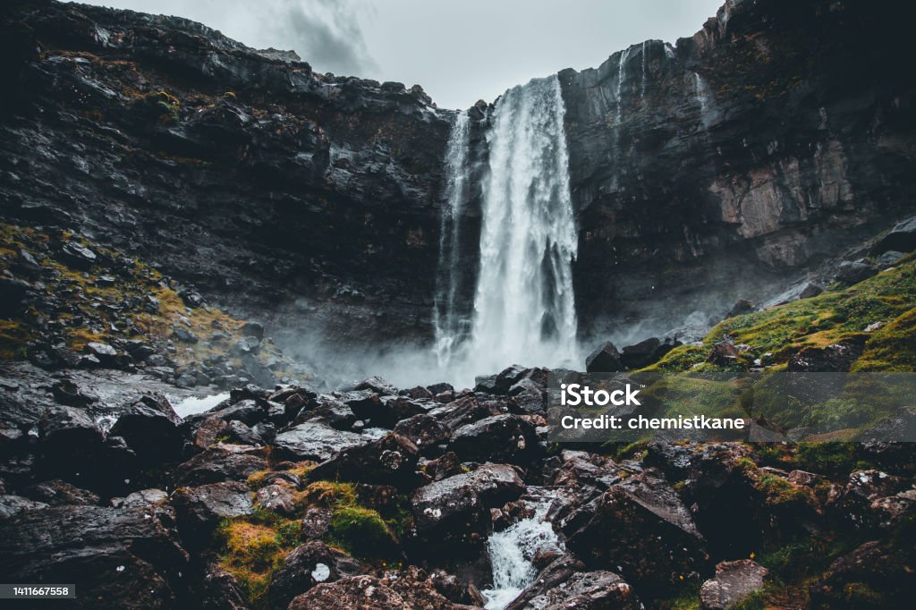 Fossá Waterfall as seen in the Faroe Islands Aerial View Stock Photo