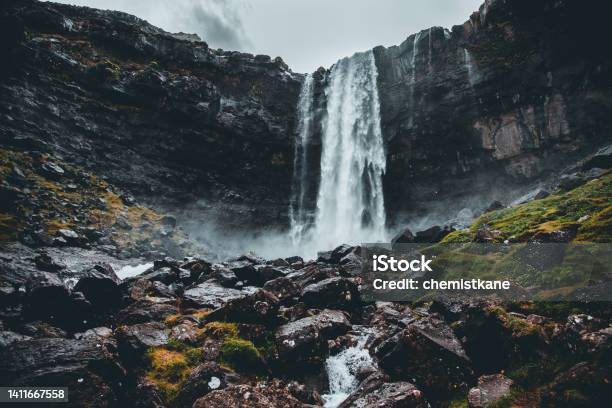 Fossá Waterfall As Seen In The Faroe Islands Stock Photo - Download Image Now - Aerial View, Borðoy, Color Image