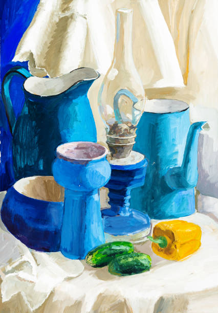 handpainted still life with jugs and kerosene lamp still life with blue jugs and kerosene lamp hand-painted by tempera paints on white paper blue jug stock illustrations