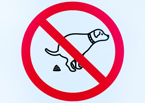 No dogs pooping allowed sign, road sign, full frame image, Galicia, Spain.  cartoon character silhouette, ban on pooping dogs.