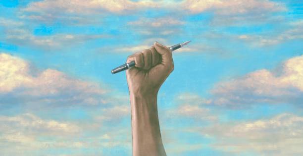 정치 예술, 언론의 자유, 표현, 연설, 초현실적 인 그림, 하늘에 펜을 들고 주먹 손, 개념 작품의 개념 아이디어 - 자유 stock illustrations