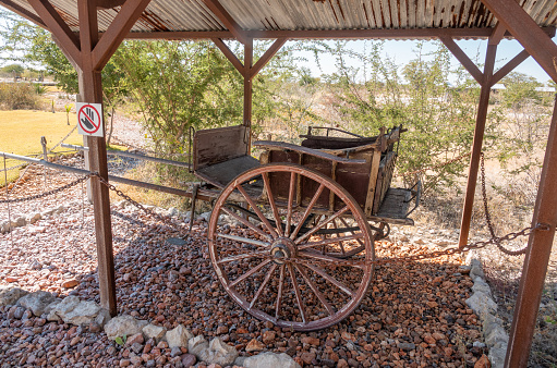 Wagon at Kunene Region, Namibia near the entrance to Etosha National Park. It is free to view and is the sort used by settlers in previous centuries.