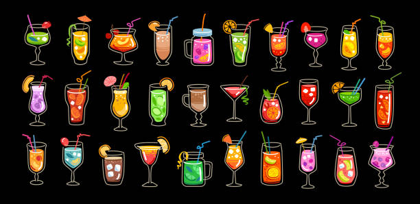 illustrazioni stock, clip art, cartoni animati e icone di tendenza di set di cocktail, succhi e bevande alcoliche. collezione di bicchieri per il menu di ristorante, caffetteria o bar - aperitivo