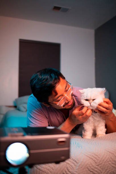 istock Man Watching a Movie in Bed with Projector with Cat 1411671149