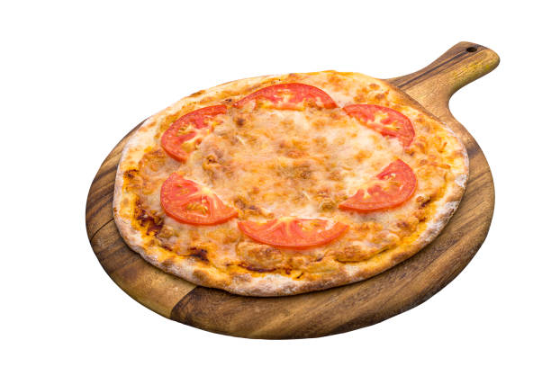 istock Magherrita pizza isolated on wooden cutting board on plain white background side view of fastfood 1411671774