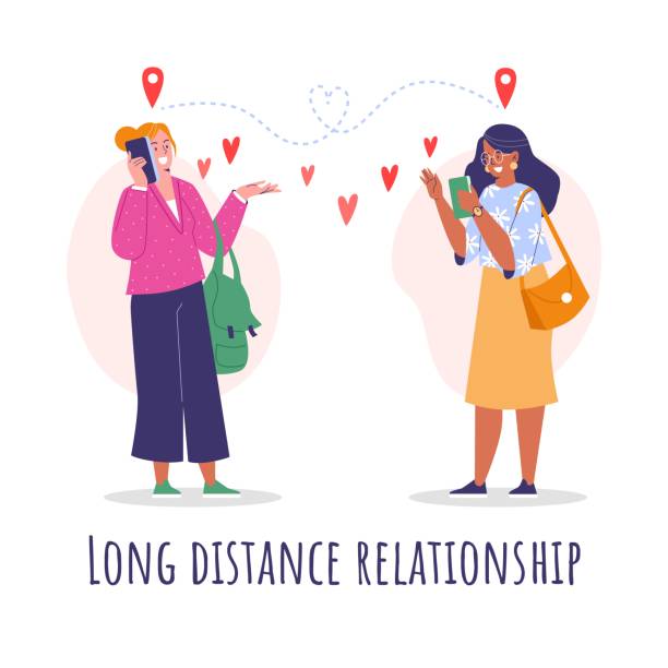 Long distance relationship concept, gay couple talking on the phone, flat vector illustration on white background. Long distance relationship concept, gay couple talking on the phone, flat vector illustration on white background. Happy lesbian women in love sending hearts. World Telecommunication Day stock illustrations