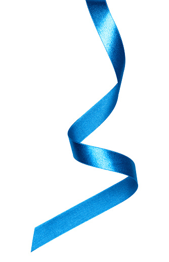 Shiny satin ribbon in blue color isolated on white background close up. Ribbon image for decoration design.