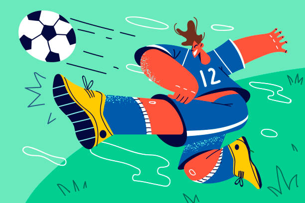 zawodnik kopnie piłkę na boisku - soccer stock illustrations