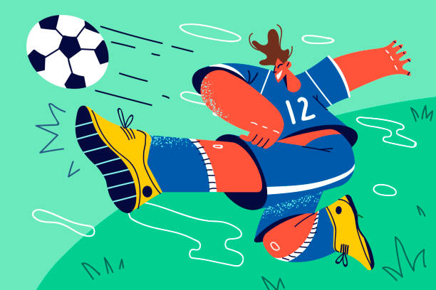 ilustrações de stock, clip art, desenhos animados e ícones de male athlete kick ball on field - soccer player kicking soccer goalie