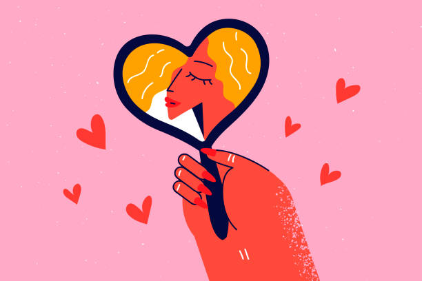 ilustrações de stock, clip art, desenhos animados e ícones de woman look in heart-shaped mirror - self love