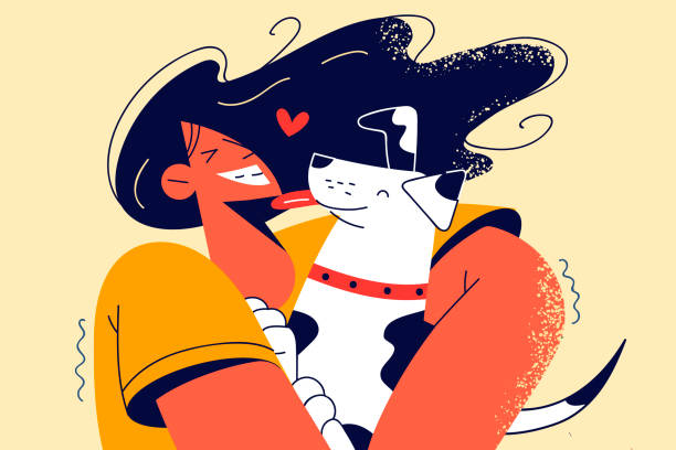Happy woman hugging cute dog Happy woman holding in arms cute small dog. Smiling girl cuddling with little pet. Domestic animal ownership. Vector illustration. lady dog stock illustrations
