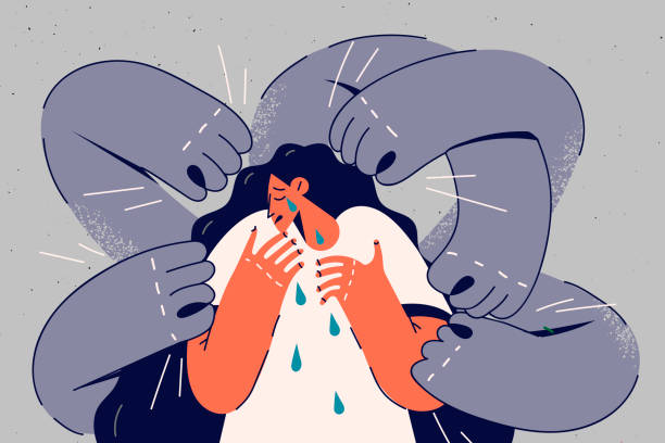 Unhappy woman beat by ghost hands Unhappy stressed woman surrounded by ghost hands. Invisible person beat crying female suffer from violence. Concept of self-harm and punishment. Vector illustration. gender sensitivity stock illustrations