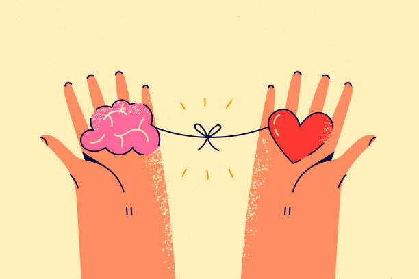 Person holding heart and brain in hands Person hold heart and brain in hands looking for balance. Woman search for harmony among reason and emotions. Love and logic in life. Vector illustration. flat thinking emoji stock illustrations