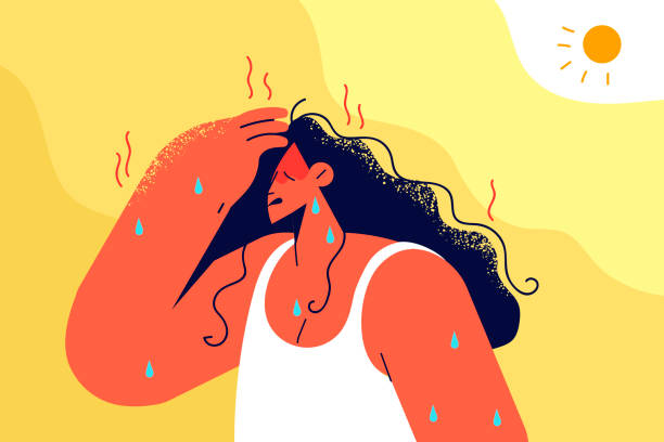 Unhealthy woman suffer from heatstroke Unwell woman sweat suffer from hot summer weather outside. Unhealthy female struggle from heatstroke. Healthcare concept. Vector illustration. heatwave stock illustrations