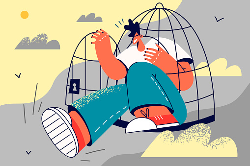Happy man escape from cage step in new free life. Smiling male quit imprisonment. Freedom and liberty. Job freelance concept. Vector illustration.