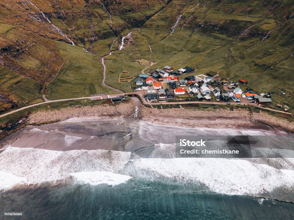 The Village of Tjørnuvík in the Faroe Islands Aerial View Stock Photo
