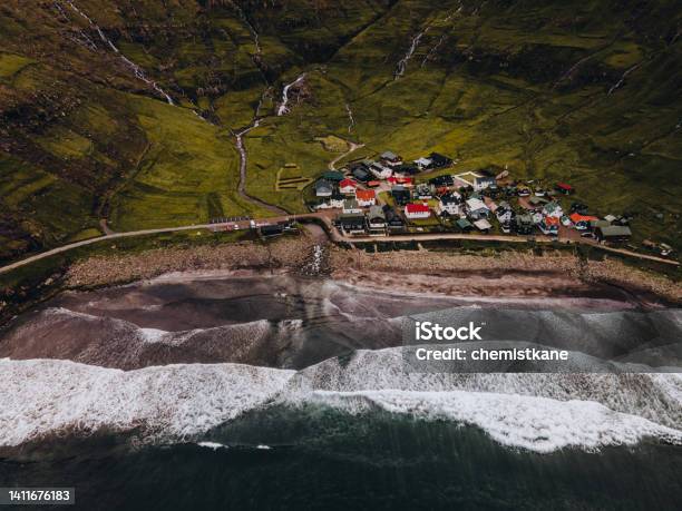 The Village Of Tjørnuvík In The Faroe Islands Stock Photo - Download Image Now - Aerial View, Borðoy, Color Image