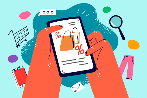 Hands holding cellphone shopping clothes online. Person buy clothing on mobile phone on internet on sale. Consumerism and technology. Vector illustration.