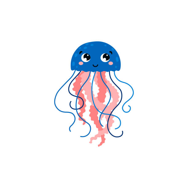 幸せな笑顔の漫画の海や海クラゲのフラットベクターイラストは孤立しています。 - jellyfish点のイラスト素材／クリップアート素材／マンガ素材／アイコン素材