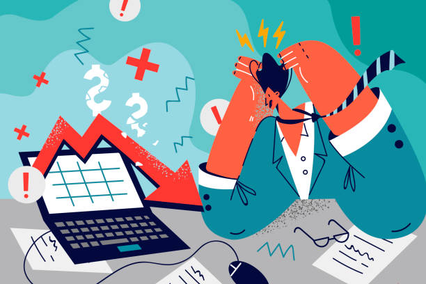 ilustrações de stock, clip art, desenhos animados e ícones de stressed businessman frustrated with bad statistics - ansiedade financeira