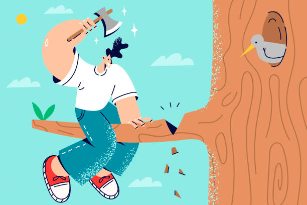 Stupid man cutting branch on which he sit Stupid man cut branch where he sit. Unreasonable male employee involved in risky business affair. Vector illustration. ignorant stock illustrations