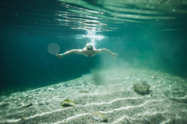 istock Man swims in clear water pond 1411679311