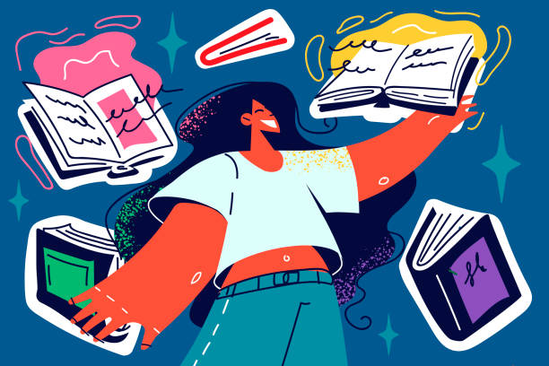 Happy girl surrounded by books Happy girl student surrounded with books enjoy education in college or university. Smiling woman taking educational course in school. Learning concept. Vector illustration. cute entertainment stock illustrations
