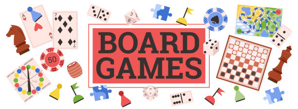 баннер или постер настольных игр с различными играми, плоской векторной иллюстрацией. - backgammon board game leisure games strategy stock illustrations