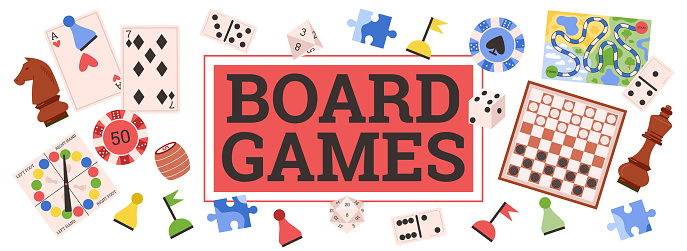 Board games banner or poster design with various games such as backgammon, chess and mahjong, flat vector illustration isolated on white background. Hobby and recreation.